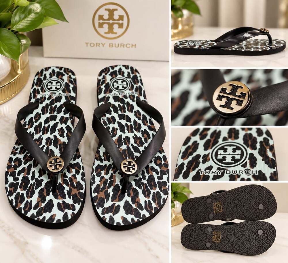 NEW Tory Burch Leopard Print Flip Flops Sandals Black Gold Logo Size 7